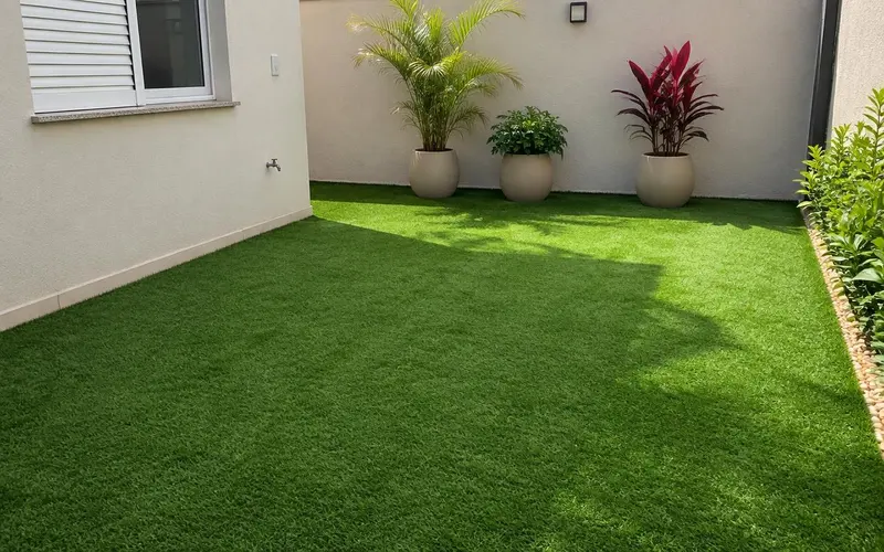 Quintal depois, com grama sintética instalada